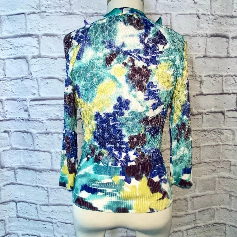 St John. Watercolor Button Up Cardigan in Blues, Yellow, Green. Size XS. - Picture 5 of 12